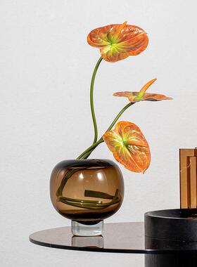 高档加厚焦糖色玻璃花瓶轻奢客厅鲜花干花插花器软装饰品茶几摆件