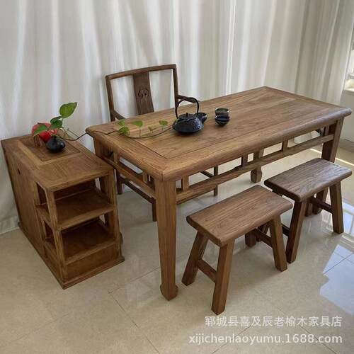 实木喝茶桌茶台办公桌老榆木茶桌子自然风化老榆木茶桌组合 - 图1