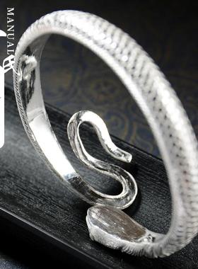 高档寸银坊云理南大手工制作覆雕古做旧立体浮灵蛇手镯匠.心