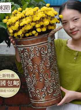 古铜色铁皮花桶美式花瓶铁艺插花桶复古铁桶铁皮桶酒店橱窗装饰桶