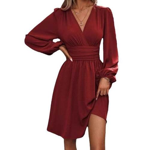 Women's Plain Deep V Neck Fitted Dress Casual Bishop Sve - 图3