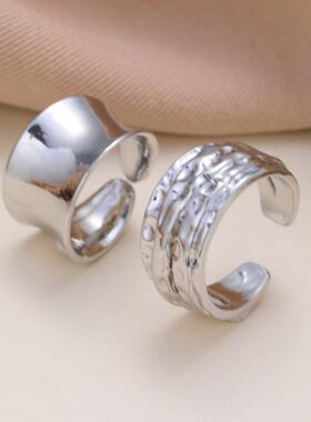 2-piece ring set跨境新款不规则宽面锤纹戒指2件套女小众开 口戒