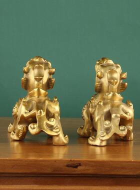 直销新款黄铜财福貔貅一对站貔貅摆件家居工艺品铜貔貅办公室店铺
