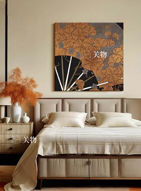 中古风扇子手绘油画餐厅客厅装饰画国风银杏叶寓意好入户玄关挂画