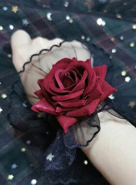 暗黑系lolita洛丽塔蕾丝手腕套手袖女酒红色玫瑰花礼服袖套高级感