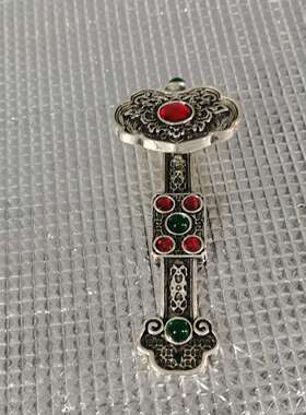 打榜直播间做旧苗银如意红绿宝石如意富贵吉祥白铜如意大摆件把件