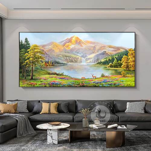 手绘油画金山风景画聚宝盆鹿现代简约美式客厅沙发背景西墙装饰画 - 图0