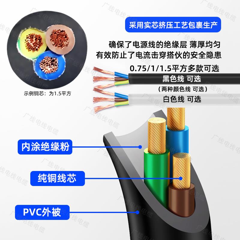 10A国标三插头品字电源线3芯三孔电饭锅热水壶0.75/1/1.5平方白色-图1