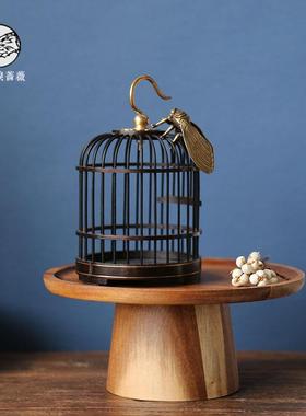 新中式禅意木质金属迷你小鸟笼子茶室茶桌复古风软装饰品托盘摆件