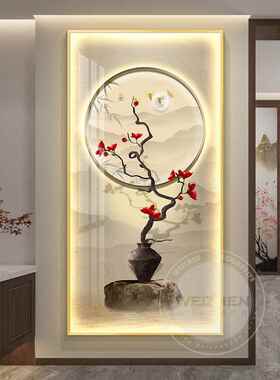led带灯轻奢新中式入户玄关装饰画走廊过道简约现代挂画荷花壁画