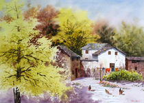 Famous Wu Chaoali Works Watercolor Painting Original Handpainted Scenic Painting Realistic Farmhouse Small Yard collection of gifts and decorations