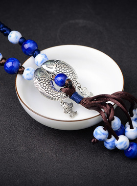 陶瓷蓝色流苏串珠民族风编织项链