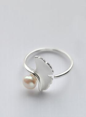 素言纯银原创银杏叶子珍珠戒指