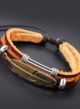 复古皮绳手链男潮饰品羽毛手绳