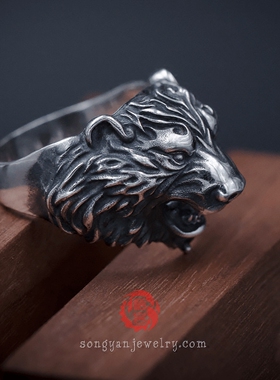 松岩原创手工图腾男士泰银熊戒指