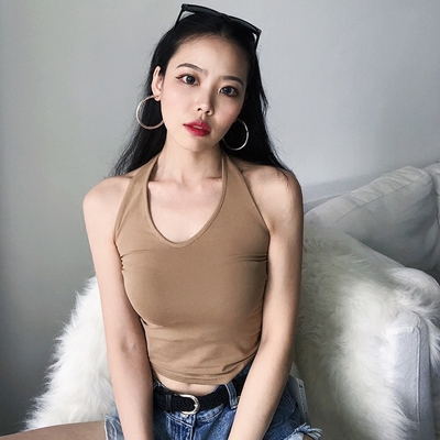 DQSTORE2018夏季新款欧美性感卡其色挂脖露背吊带背心上衣女
