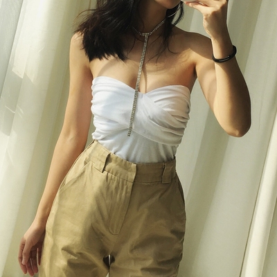 DQSTORE褶皱抹胸女欧美风性感夜店漏脐露肩裹胸显瘦修身上衣
