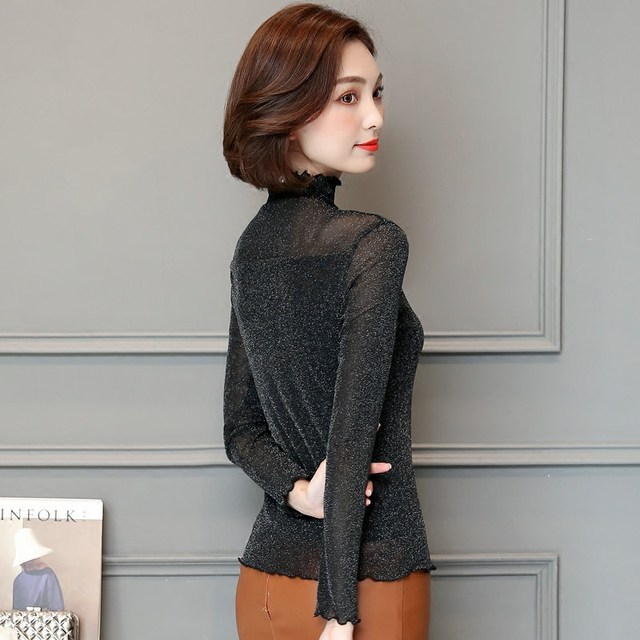 Bright silk turtleneck women's long sleeve mesh bottoming