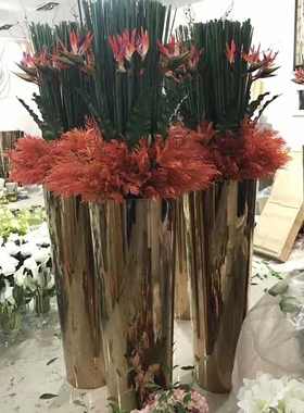 拉丝香槟玫瑰金花盆仿真花电镀