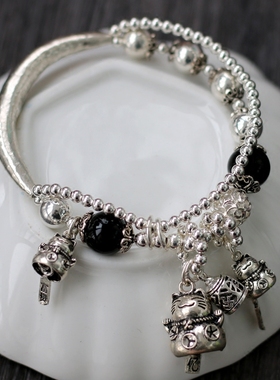 招财猫纯银双层百搭弹力手链现货