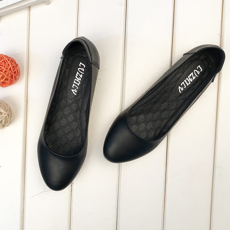 MJ上上签鞋铺舒适软底浅口圆头工作鞋女黑色职业皮鞋平跟工鞋空姐平底单鞋女鞋0