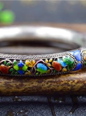 非物质文化遗产原创纯手工镂空经典小众烧蓝复古纯银手镯响镯定制