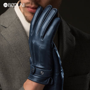 BOOUNI 真皮手套男款商务版三道筋绵羊皮手套秋冬季开车薄绒里