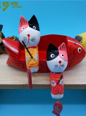 木质招财中号小猫咪置物架渔船