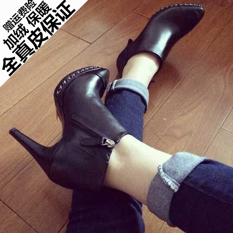欧美真皮秋冬短靴女靴子尖头高跟细跟防水台女靴明星同款女鞋潮