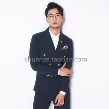 Kawasawa Autumn Clothing Blue Dark Simple Double-breasted Slim suit Jacket Men's Fashion Casual Green Fruit Collar suits Single