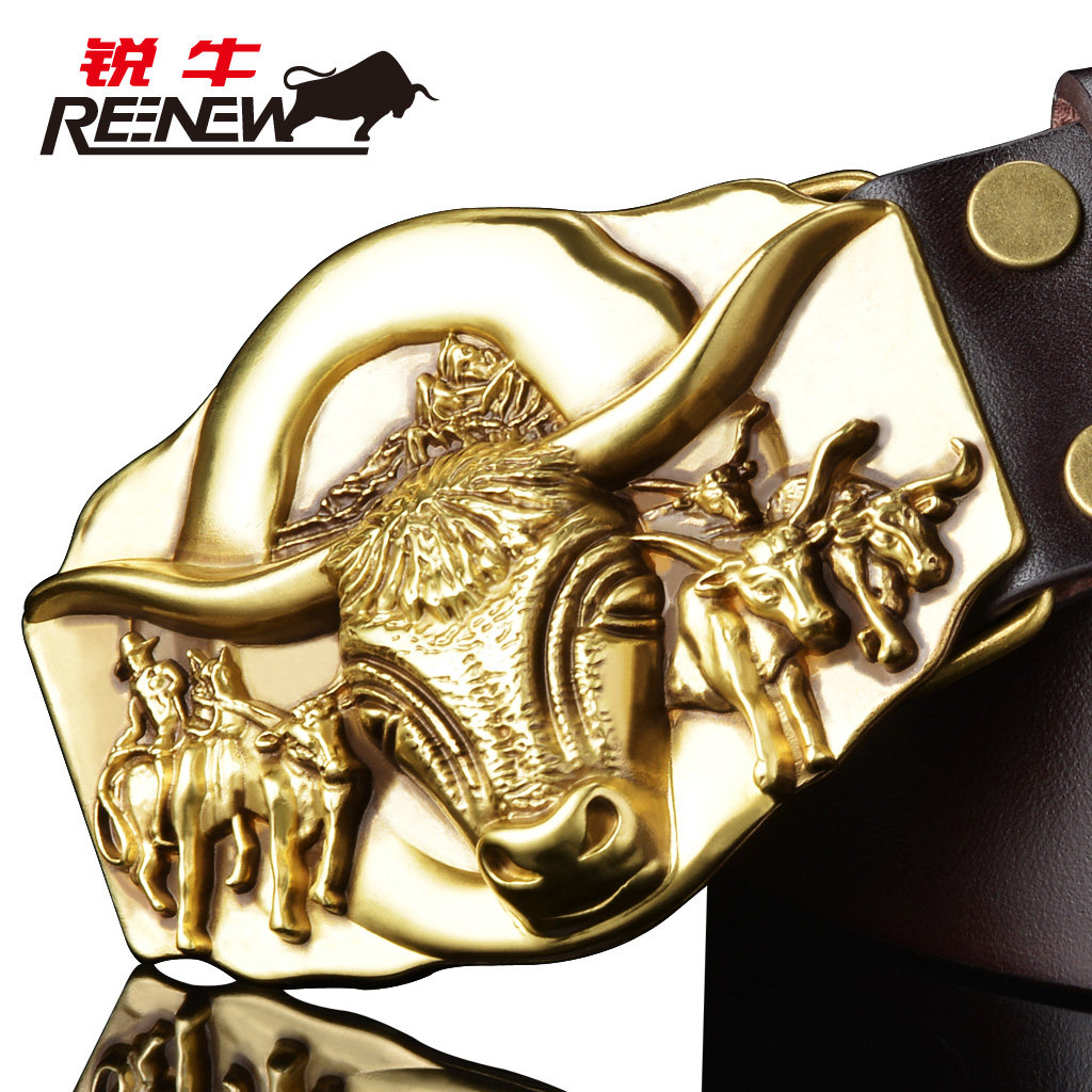 牛头男个性霸气黄铜扣纯牛皮裤带 reenew锐牛腰带/皮带/腰链