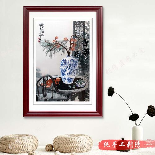 静室松韵粤绣广绣潮绣广州装饰画静物成品画纯手工刺绣书房卧室客 - 图0