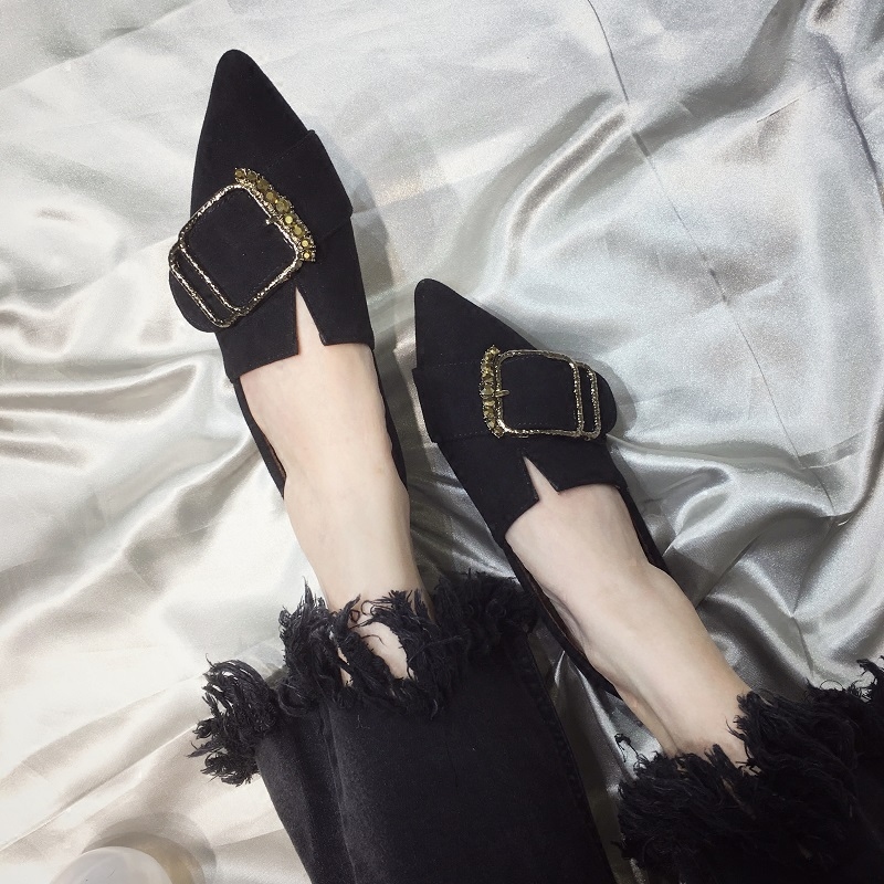 尖头平底鞋女鞋秋季2023新款百搭韩版潮水钻单鞋深口加绒女鞋黑色,淘宝优惠券,粉丝福利购,淘宝优惠卷