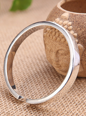 手工S999纯银手镯男开口简约银饰宽面平面足银手镯女情侣刻字定制