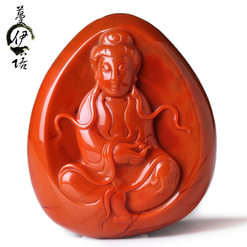 蔓伊诺四川凉山南红玛瑙柿子红吊坠挂件苏工雕件观音送证书 C10Q - 图0