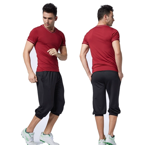 Летние эластичные штаны для спортзала для тренировок, быстросохнущий спортивный комплект, короткий рукав, в обтяжку