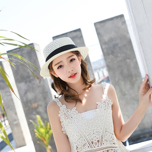 帽子适合圆脸平顶礼帽短发帽子女夏韩版潮草帽英伦防晒小沿太阳帽 - 图2