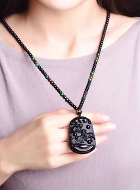 2026天然黑曜石三合贵人生肖吊坠生肖猪兔羊项链男女黑曜本命佛