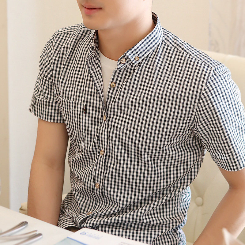 春夏格子男短袖小青少年休闲格子衫 caiziyijia扬力达衬衫