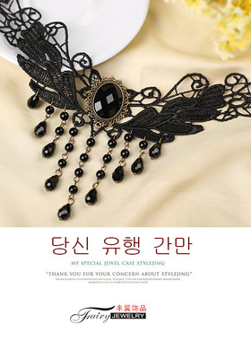 黑色流苏多层蕾丝宝石短款项链