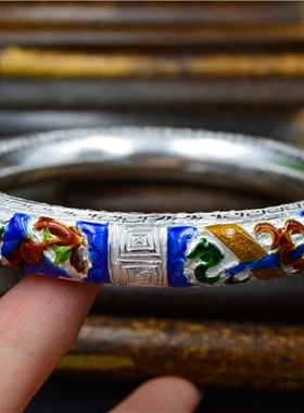 民族风镂空景泰蓝纯银情侣手镯