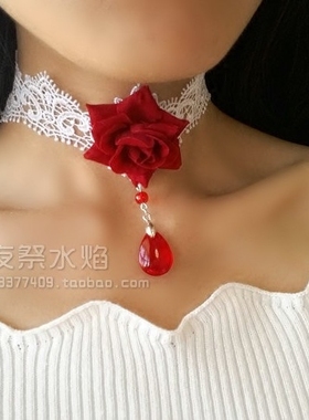 日韩唯美LOLITA红玫瑰蕾丝项链