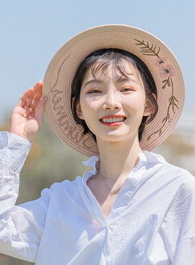 法式夏季刺绣平顶防晒草帽女