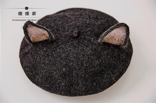 瘦瘦家羊毛毡深麻灰猫耳朵贝雷帽女秋冬季日系百搭毛呢网红画家帽 - 图1