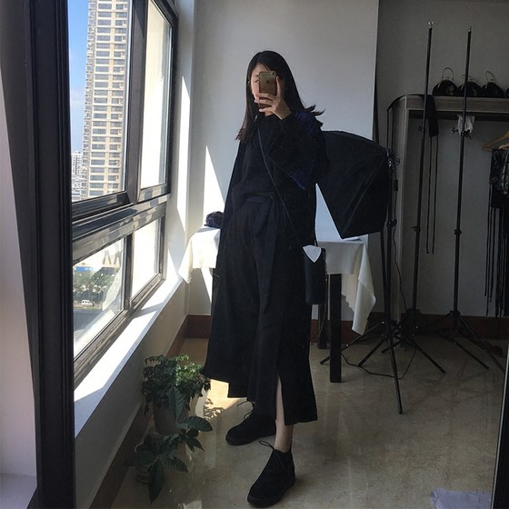 MUI 복고풍 새 스타일 매우 단순한 검은 색 전 경기 여성 벨트 드레스 셔츠 장식 슬리밍 와이드 거들