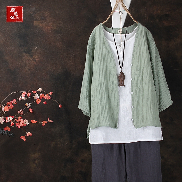 韩索依 夏季新款棉麻七分袖防晒衣女款亚麻短