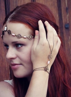 粉红色石头仿古铜菱形掐丝手链