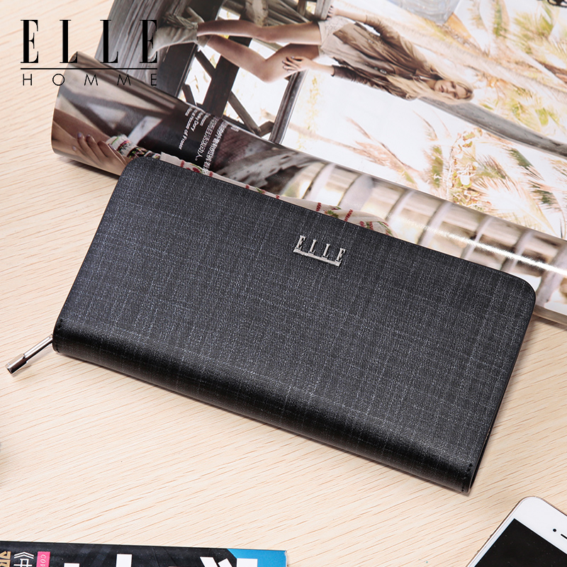 ELLE HOMME錢包男長款拉鍊錢夾多卡位商務牛皮大鈔夾硬皮手機包男