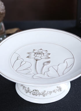 佛具陶瓷莲花贡盘果盘黄色白色