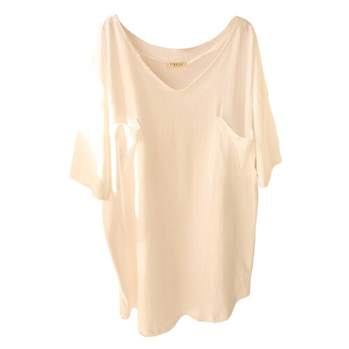 日系慵懒！春夏季新款短袖家居服女T恤V领性感纯棉睡衣宽松睡裙白 - 图3